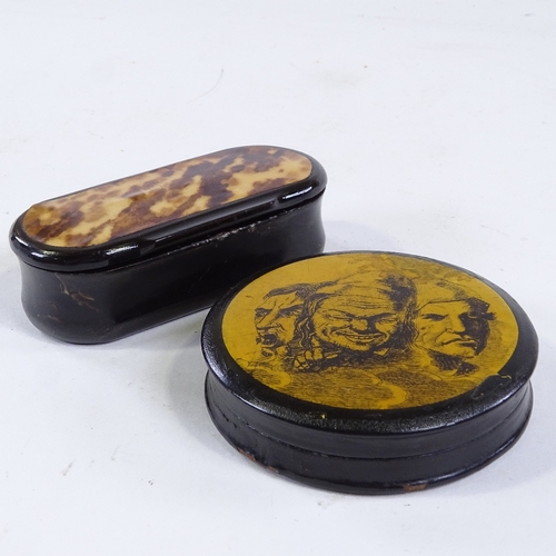 206 - A 19th century horn and tortoiseshell snuffbox, length 9cm, and a circular papier mache snuffbox wit... 