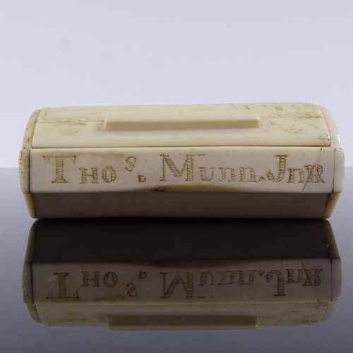 208 - An early 19th century bone snuffbox, carved landscape scene to the lid, and engraved Thos Munn Jnr, ... 