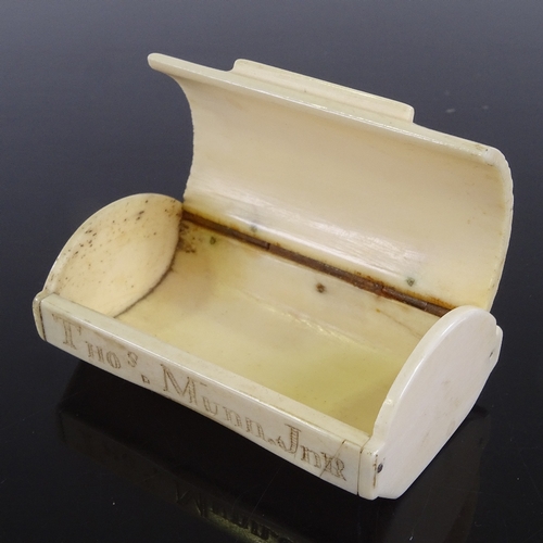 208 - An early 19th century bone snuffbox, carved landscape scene to the lid, and engraved Thos Munn Jnr, ... 