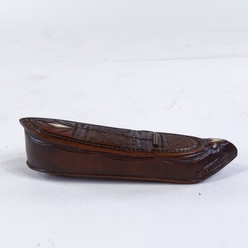 213 - An early 19th century carved and inlaid wood snuffbox, in the form of a shoe, length 10.5cm