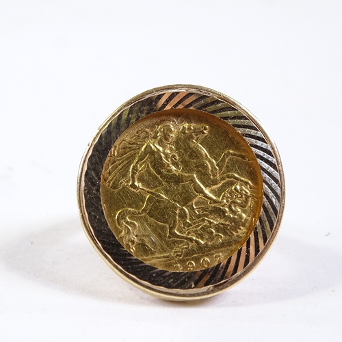 216 - A 1907 gold half sovereign ring, 9ct gold setting, and a 9ct gold pendant mount, gross weight 9.1g