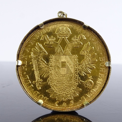 220 - An Austrian 4 Ducat 1915 re-strike gold coin, 14ct gold pendant mount, gross weight 16.8g