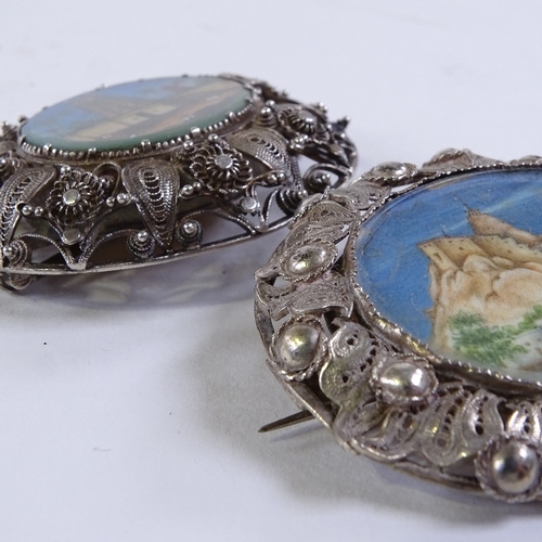 222 - 2 similar Continental silver filigree brooches, with inset miniature paintings on ivory, largest 5cm... 