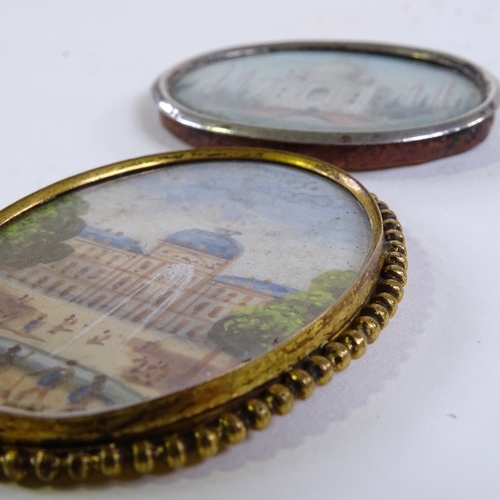 223 - 2 small 19th century brooches, with inset miniature paintings on ivory depicting the Taj Mahal, and ... 