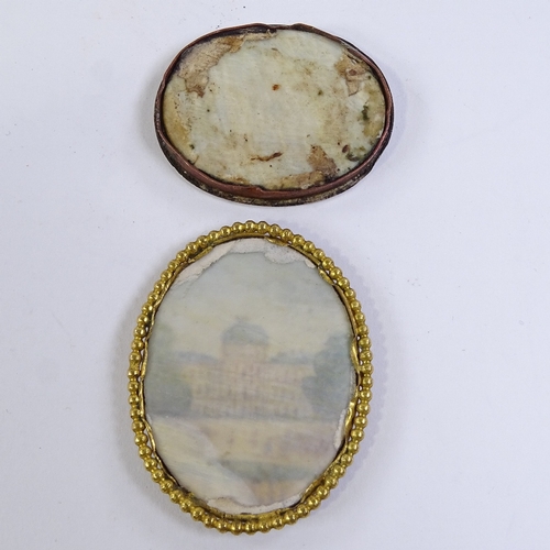 223 - 2 small 19th century brooches, with inset miniature paintings on ivory depicting the Taj Mahal, and ... 