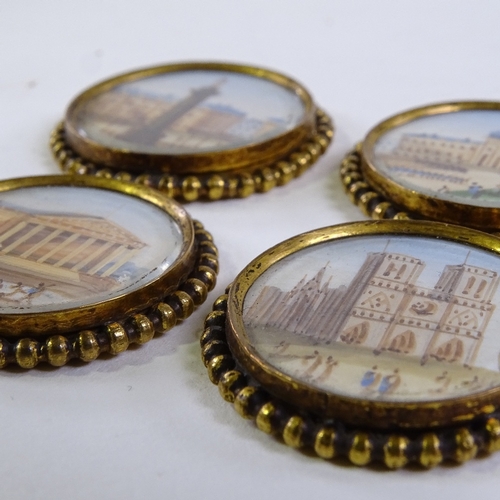 224 - A set of 4 miniature 19th century watercolours depicting Continental buildings, in gilt-metal frames... 