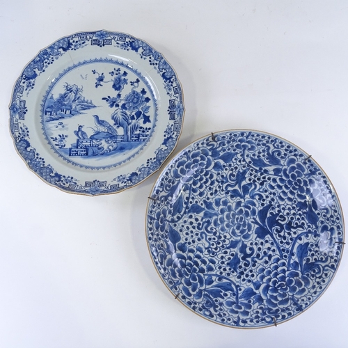 241 - 2 Chinese blue and white porcelain chargers, hand painted decoration, diameter 38cm