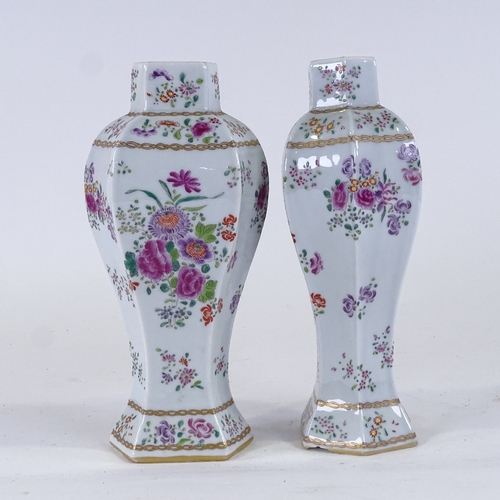 242 - A pair of Samson white glaze porcelain vases, with painted and gilded floral designs, height 27cm