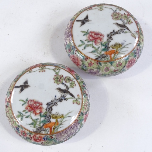 252 - A pair of Chinese porcelain circular pots, with painted birds and flowers, seal marks, diameter 10cm