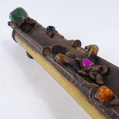 269 - A Chinese bamboo composition and gemstone set incense holder, length 31cm