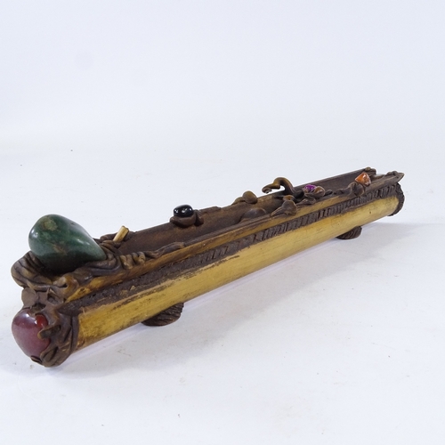 269 - A Chinese bamboo composition and gemstone set incense holder, length 31cm