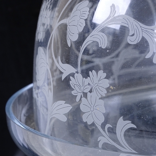 276 - An etched glass food display dome on pedestal stand, stand diameter 30cm