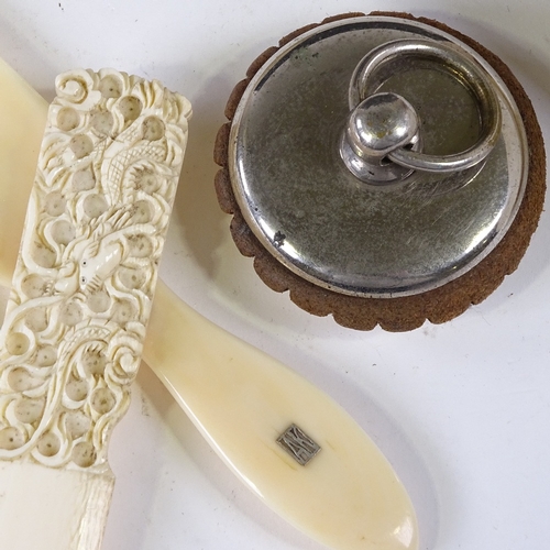 277 - A group of Vintage ivory, including a carved-handled fly swish, a baby's teething ring etc