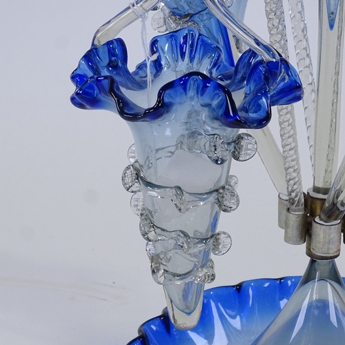 309 - A blue and clear glass table centre epergne, height 49cm