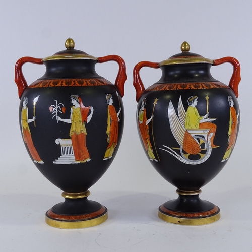 311 - A pair of Greek design pottery vases and covers, with Classical figures on black ground, height 34cm