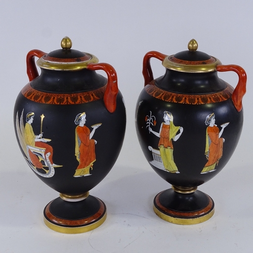 311 - A pair of Greek design pottery vases and covers, with Classical figures on black ground, height 34cm