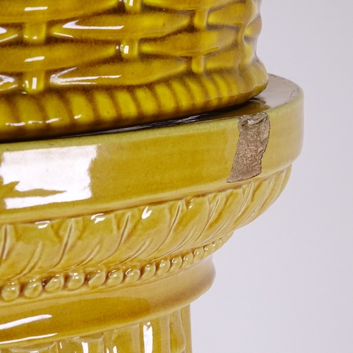 314 - Burmantofts, golden basket weave design glazed pottery jardiniere, on similar bamboo design pedestal... 