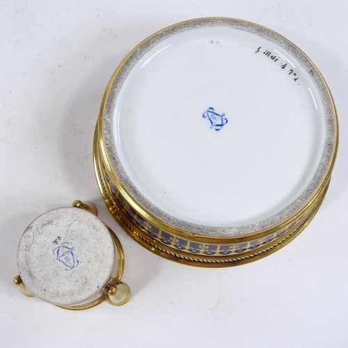 331 - A Sevres porcelain blue and gilt decorated ink stand, late 19th century, diameter 13cm