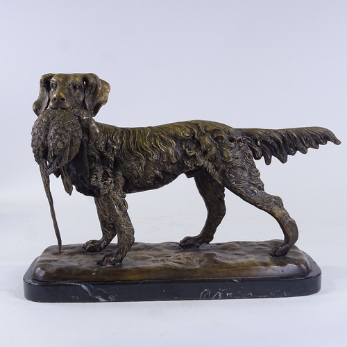 337 - A bronze Gun dog with pheasant on marble base, unsigned, plinth length 41cm