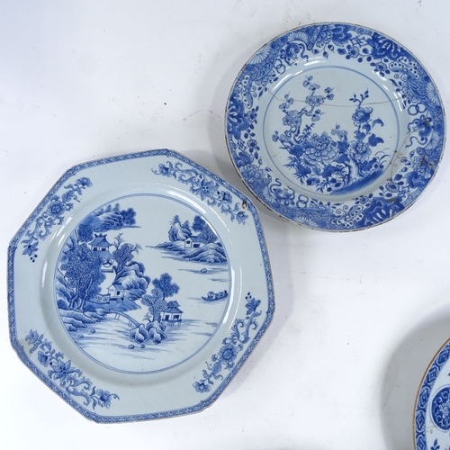 354 - 4 Chinese blue and white porcelain chargers, hand painted decoration, largest diameter 37cm, all A/F