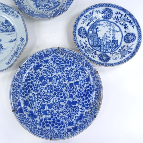 354 - 4 Chinese blue and white porcelain chargers, hand painted decoration, largest diameter 37cm, all A/F