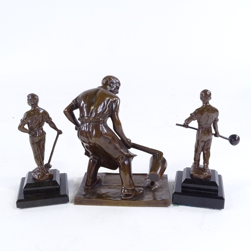 367 - 3 early 20th century patinated bronze sculptures of foundry workers, 1 indistinctly signed, largest ... 