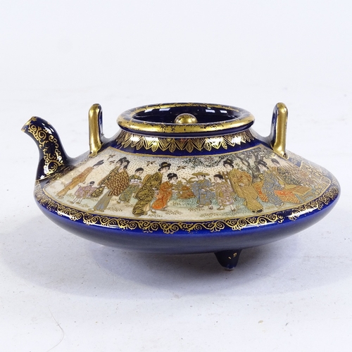 377 - A Japanese Satsuma porcelain teapot, circa 1900, hand painted and gilded panels, seal mark under, di... 