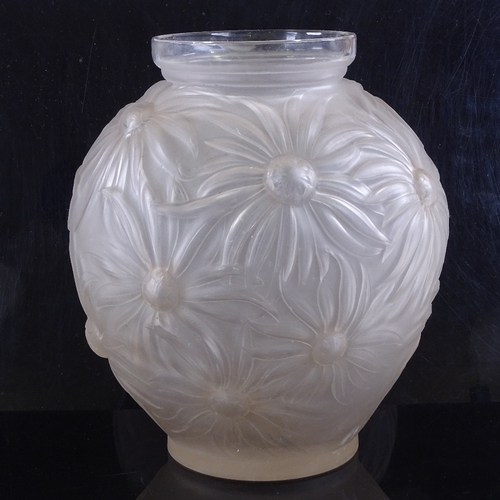 378 - Etling, relief moulded opaque glass flower design vase, height 23cm, rim diameter 11cm