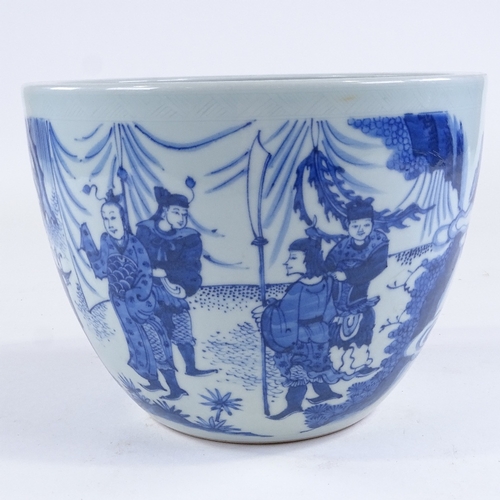 62 - A Chinese blue and white porcelain jardiniere, hand painted figures in gardens, diameter 24cm, heigh... 