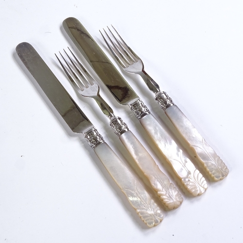 65 - A set of Victorian plated dessert knives and forks for 12 people, with carved mother-of-pearl handle... 