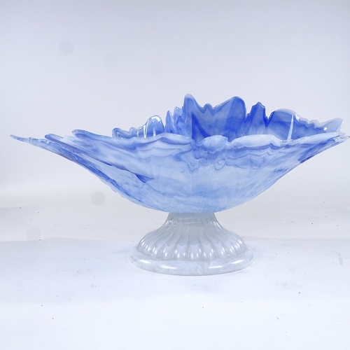 70 - Silvestri Murano, blue marbled glass leaf design table centre bowl, on white marbled glass circular ... 