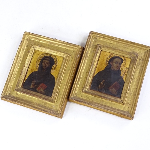 404 - A pair of 19th century painted and gilded portraits of saints in giltwood frames, overall frame size... 