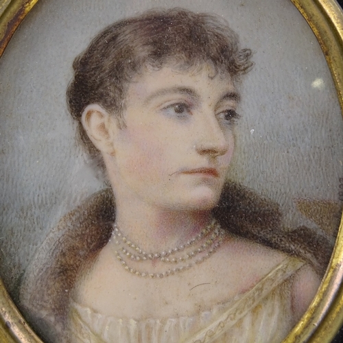 407 - A miniature watercolour on ivory, portrait of a lady, unsigned, in ebonised frame, overall 11.5cm x ... 