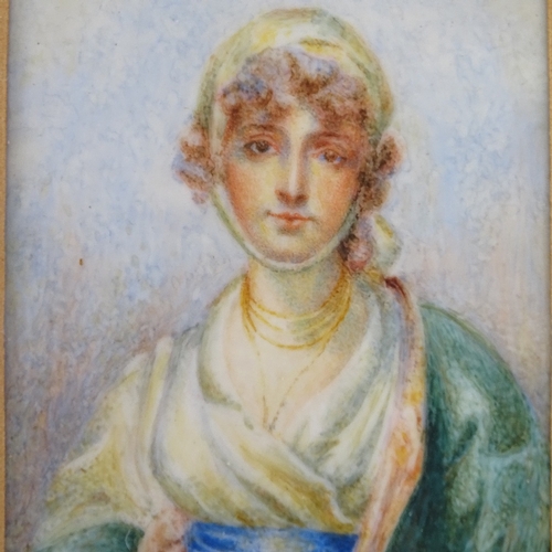 418 - 2 miniature watercolours on ivory, Classical portraits of women, unsigned, frame height 13cm