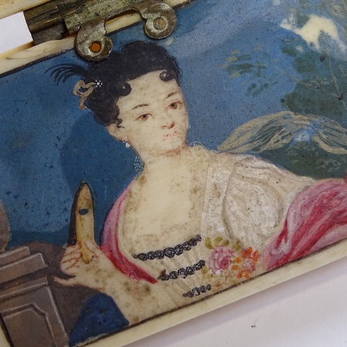 422 - A 19th century rectangular ivory snuffbox, the double lid concealing a romantic painted scene, width... 