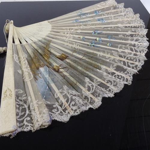 425 - 2 19th century carved and pierced bone fans with lace screens, length 32cm and 21cm