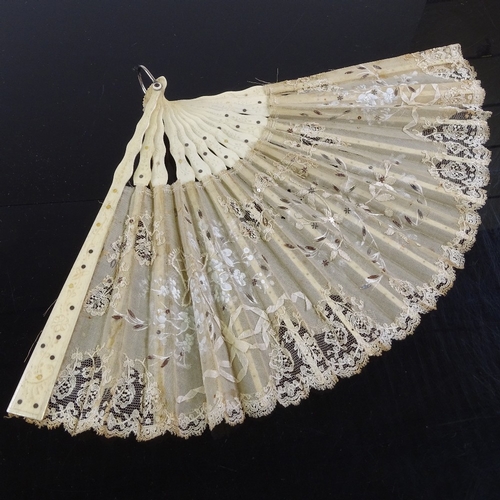 425 - 2 19th century carved and pierced bone fans with lace screens, length 32cm and 21cm