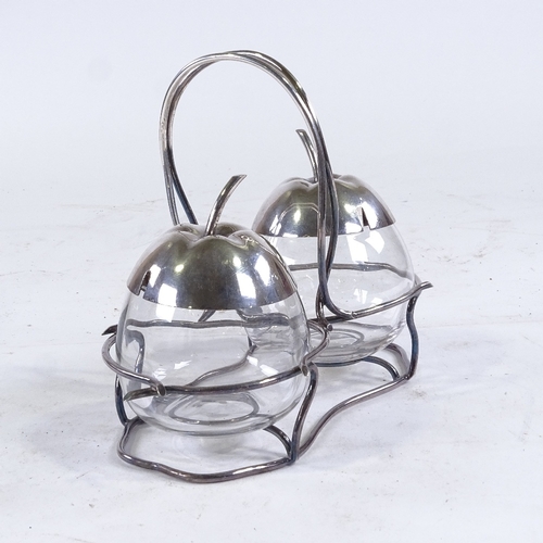 431 - An electroplate and glass preserve set, in the form of 2 apples, length 21cm