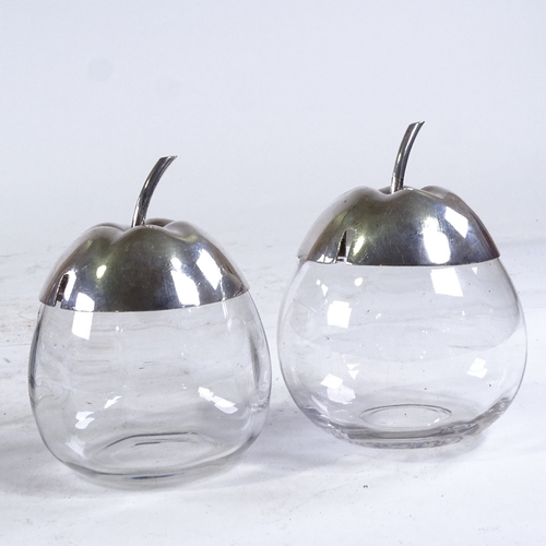 431 - An electroplate and glass preserve set, in the form of 2 apples, length 21cm