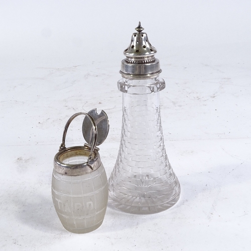 432 - A novelty cut-glass and silver plate lighthouse design sugar caster, height 16cm, and a barrel-shape... 