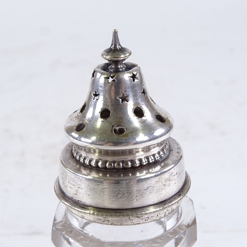 432 - A novelty cut-glass and silver plate lighthouse design sugar caster, height 16cm, and a barrel-shape... 