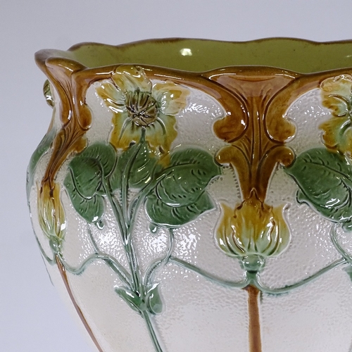 451 - A Burmantofts Majolica relief moulded jardiniere on pedestal, height 99cm