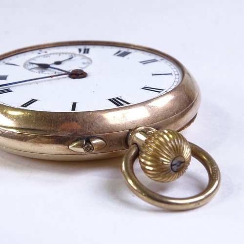 476 - A 9ct gold open-face top-wind pocket watch, white enamel dial with Roman numeral hour markers, blued... 