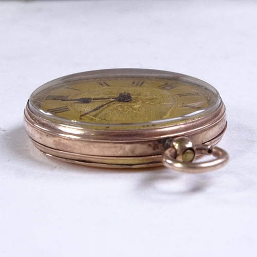 477 - A 14ct gold open-face key-wind pocket watch, floral engraved case and face with Roman numeral hour m... 