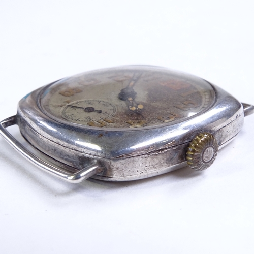 491 - A First War Period silver cushion-cased mechanical wristwatch head, silvered dial with Arabic numera... 