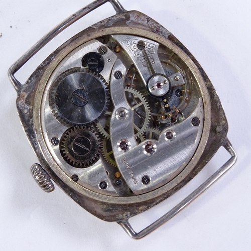 491 - A First War Period silver cushion-cased mechanical wristwatch head, silvered dial with Arabic numera... 