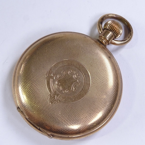 503 - WALTHAM - a gold plated full hunter side-wind pocket watch, white enamel dial with Roman numeral hou... 