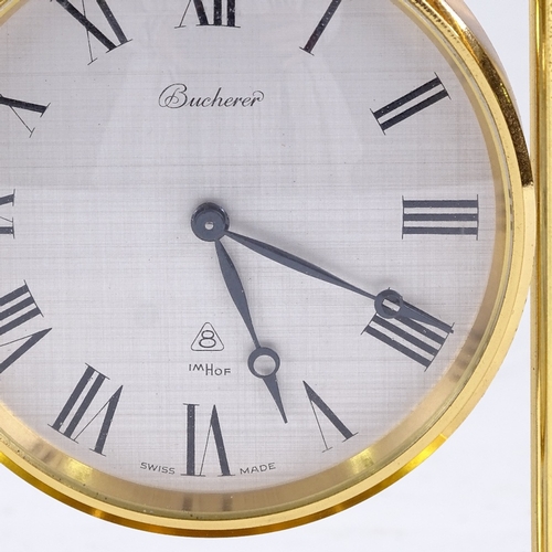 540 - BUCHERER - a Vintage brass-cased 4-pillar 8-day mantel clock, silvered dial with Roman numeral hour ... 