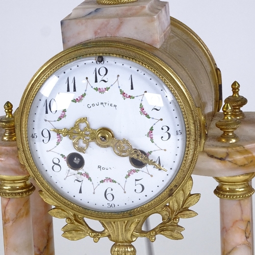 549 - A French Empire style veined pink marble and brass-mounted 8-day 3-piece clock garniture, by Courtie... 