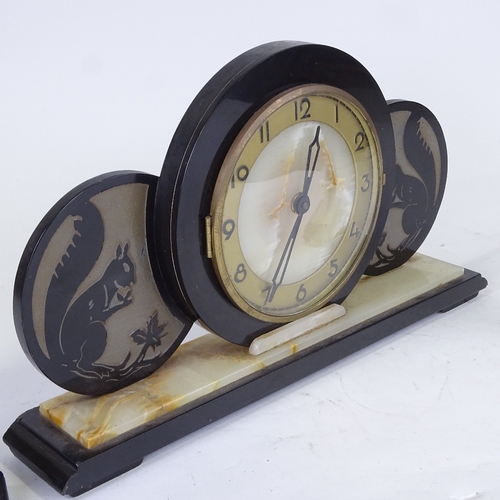 550 - An Art Deco green onyx and slate 8-day 3-piece clock garniture, circular panels with brass chapter r... 